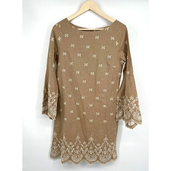 Sundance Catalog Women's 2 Beige Tan Cotton Shift Dress Embroidered Boho Bell - Picture 1 of 5